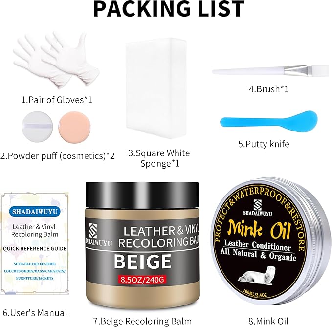 8.5oz Leather Recoloring Balm with 100ml Mink Oil,Beige Leather Repair kit for Furniture and Car Interior,Leather Couch Scrat