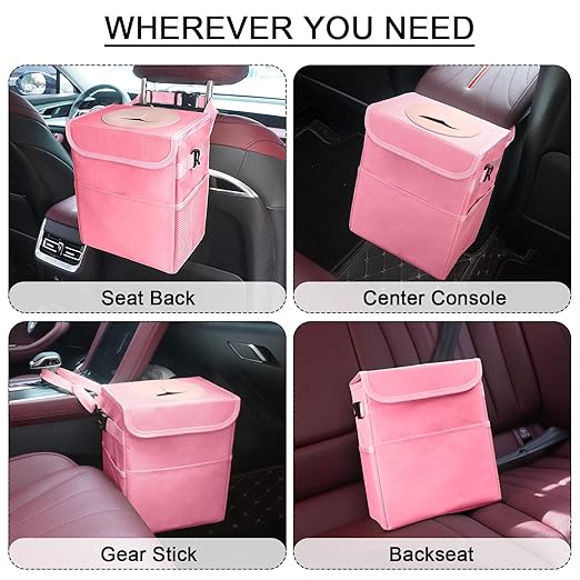 Car Trash Can Bin with Lid - Collapsible Car Garbage Can with Storage Pockets-Pink Mini Leakproof Vehicle Trash Bag-Small Automotive Organizers and Storage for Back/Front Seat SUV Truck Accessories