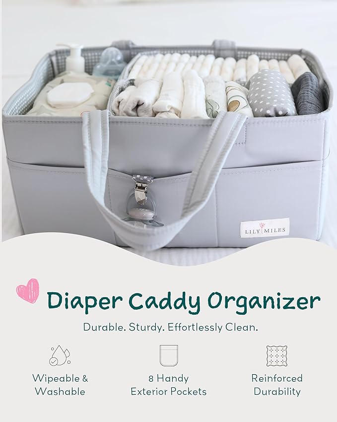 Lily Miles Diaper Caddy Organizer with 8 Pockets, Wipeable Baby Caddy Basket for Diapers and Wipes, Baby Registry Favorites, 