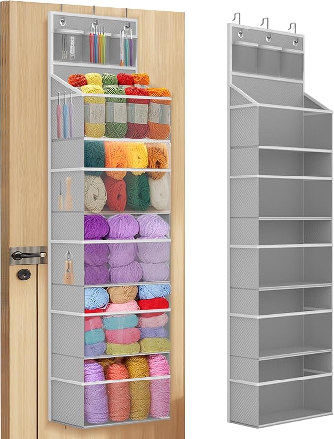 Hanging Yarn Storage Organizer, Large Capacity Knitting Yarn Organizer Storage with 5 Deep Pockets 13 Mesh Bags, Over The Doo