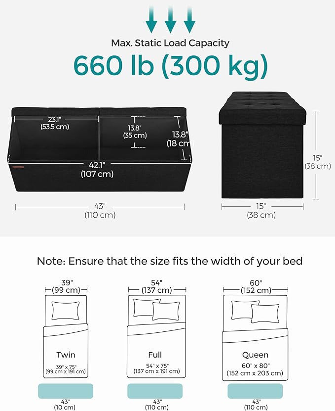 SONGMICS MAZIE Collection - 43 Inches Folding Storage Ottoman Bench, Ottoman Foot Rest, End of Bed Bench, Storage Chest, Load
