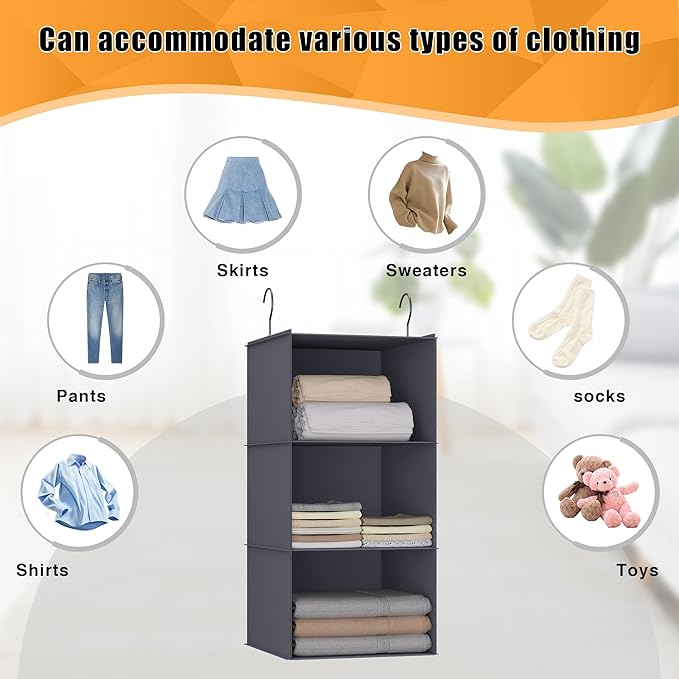 Hanging Closet Organizer and Storage 3-Shelf, Easy Mount Foldable Hanging Closet Wardrobe Storage Shelves, Clothes Handbag Sh