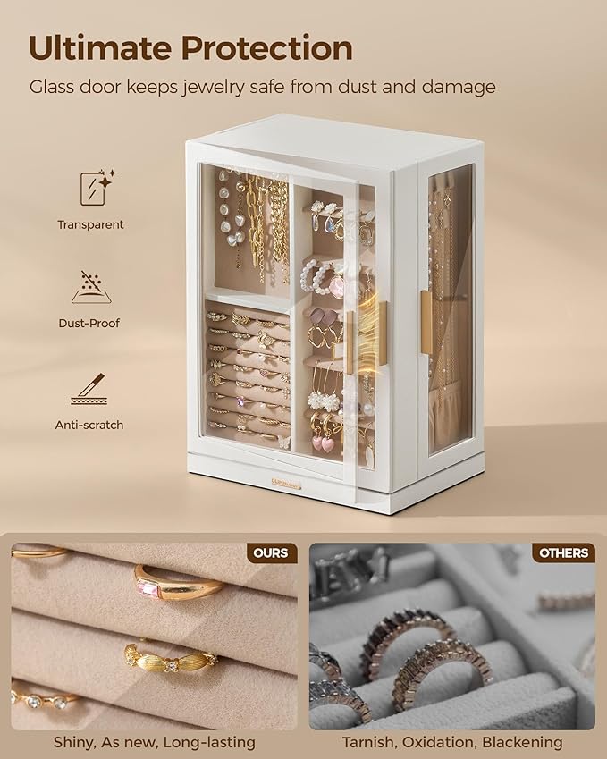 Glimmloop 360° Rotating Jewelry Box with 7 Drawers, Spacious Vertical Jewelry Organizer with Glass Window, Jewelry Storage Ca