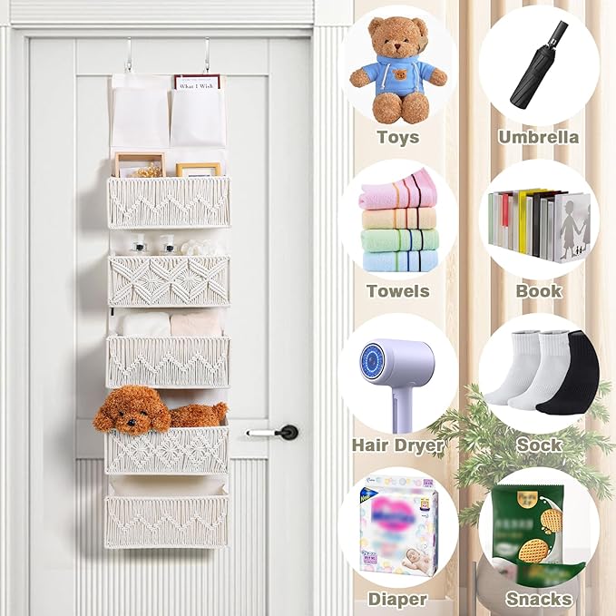 ANTIS'S HOME Over the Door Organizer Macrame Boho Nursery Storage with 5 Large Woven Pockets, Hanging Closet Basket for Bathr