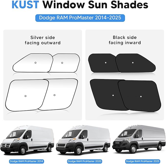 KUST 4-Pack Window Sun Shade for 2014-2025 Dodge RAM ProMaster 1500 2500 3500, Interior Accessories Cargo Van Sunshade Full Coverage Window Shades Silver & Black, Sun Shield Blocks UV Rays Heat