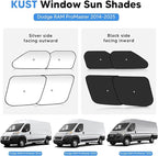 KUST 4-Pack Window Sun Shade for 2014-2025 Dodge RAM ProMaster 1500 2500 3500, Interior Accessories Cargo Van Sunshade Full Coverage Window Shades Silver & Black, Sun Shield Blocks UV Rays Heat