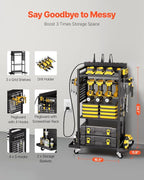 VEVOR 4-Tier Tool Organizer Cart with Charging Station, 8 AC Outlet, Floor Stand Rolling Drill Holder and Tool Battery Storag