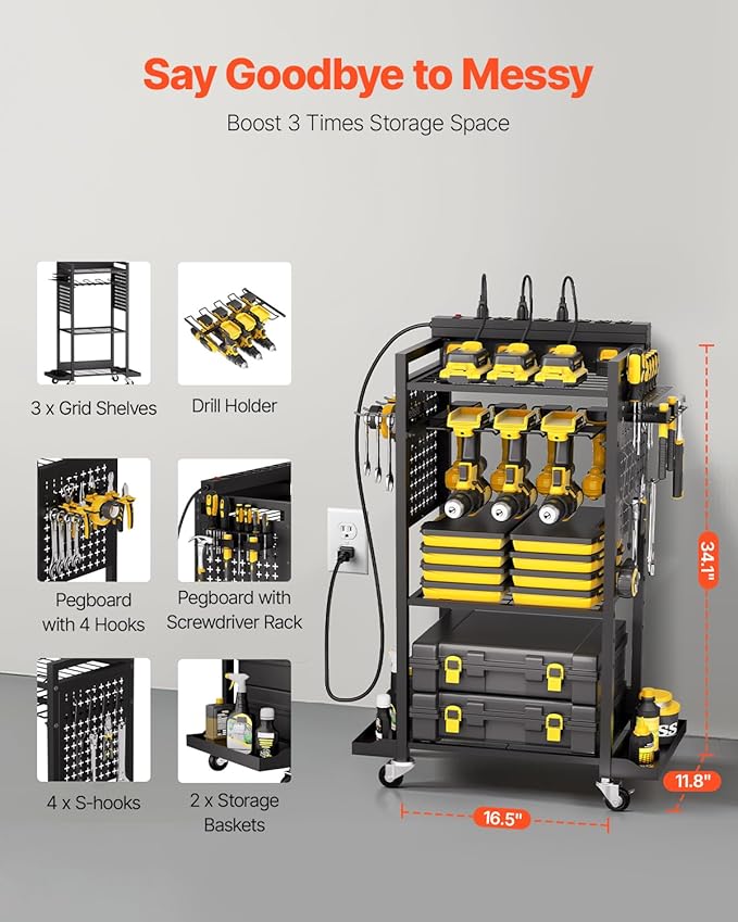 VEVOR 4-Tier Tool Organizer Cart with Charging Station, 8 AC Outlet, Floor Stand Rolling Drill Holder and Tool Battery Storag