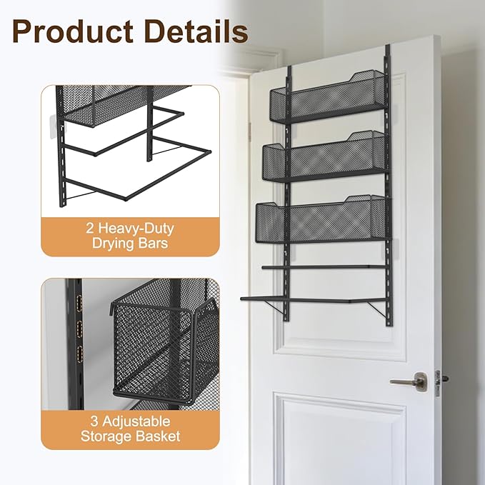 VyGrow Over the Door Storage Organizer with 3 Tier Mesh Baskets 2 Hanging Rods, 2 Mounting Options, Heavy Duty Clothes Hanger