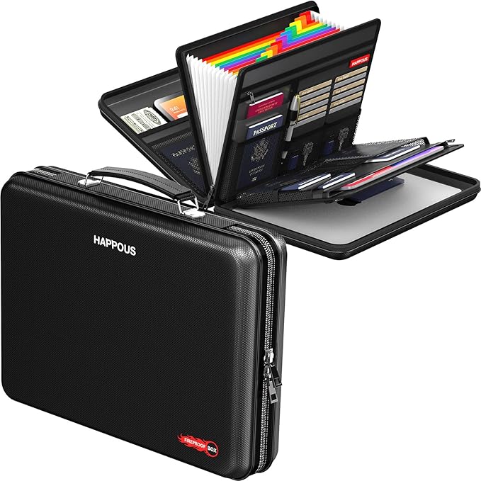 Fireproof Document Organizer, Expanding File Organizer with 13 Pockets, Portable Fireproof Document Box Hard-Shell Document O