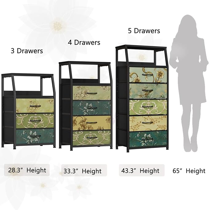 Furnulem Retro 5 Drawers Dresser, Tall Dressers for Bedroom, Closet, Hallway, Nursery, Fabric Storage Tower Organizer, Vertic