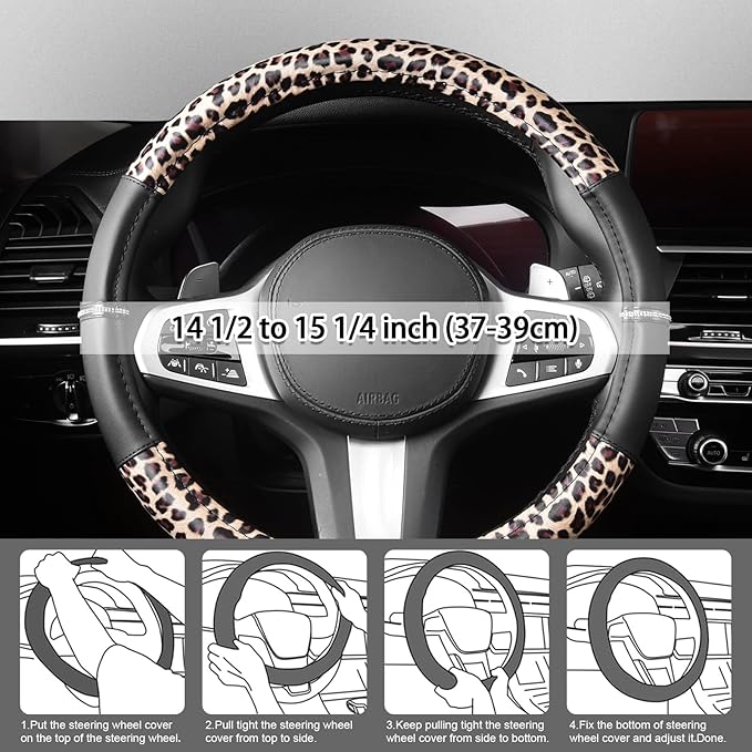 AUTOYOUTH Leopard Steering Wheel Cover - Bling Crystal Rhinestones Cheetah Print on Leather Non-Slip Breathable Design for Wo