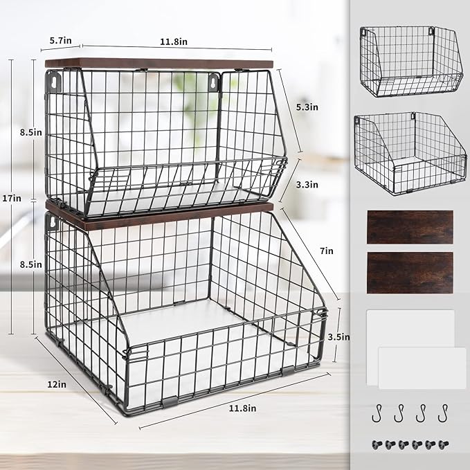 Mefirt Fruit Basket, Stackable Wall Mounted Fruit Baskets, Potato Baskets Onion Storage for Kitchen, Hanging Wire Basket with