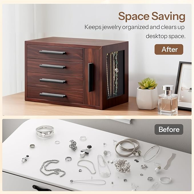 HOOBRO Jewelry Box for Women, Wooden Jewelry Organizer with Transparent Window, 4-Layer Jewelry Organizer Box, Jewelry Holder