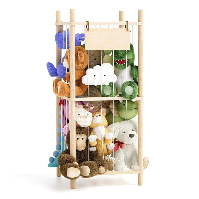 Dayacoco Stuffed Animal Storage, 2 Layer Wood Stuffed Animal Organizer Zoo, Toy Stuffy Storage Bin with Elastic Band and Net 