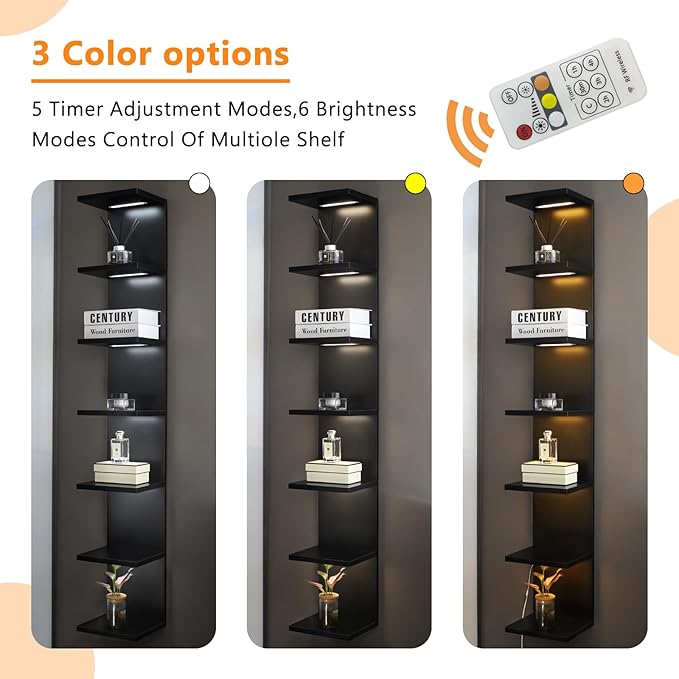 7 Tier Wall Shelves with Led Light, Lack Wall Shelf Unit, Vertical Shelf with Remonte Control,Black Shelves