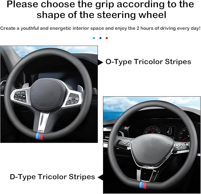 Tricolor Stripes Car Steering Wheel Cover,14.5-15 Inch Universal Nappa Leather 3D Mesh Covers Breathable Anti-Slip Odorless S