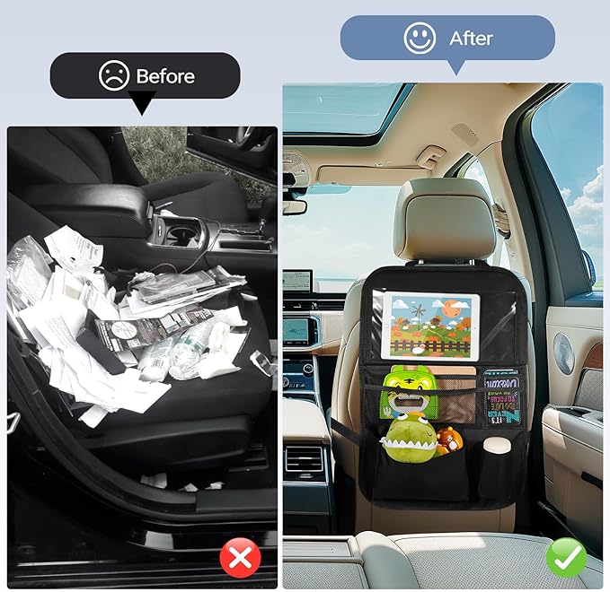 Back Seat Car Organizer with Tablet Holder, 6 Storage Pockets Car Storage Organizer with Foldable Food Tray, Car Seat Back Protectors Kids Car Kick Mats for Travel