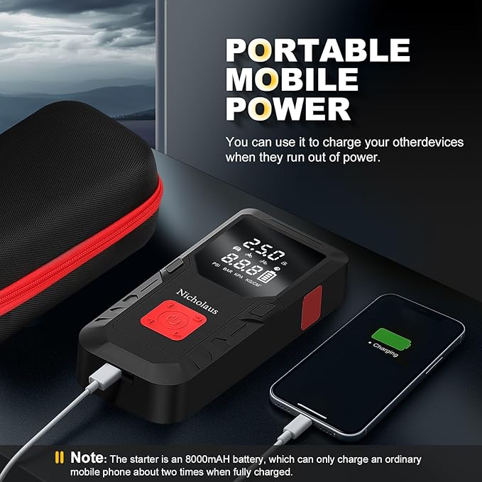 12 V Car 8000 mAh Battery Jump Starter 2800A with 150psI Air Compressor, Compact and Practical Edition QB08L Safe Smart,