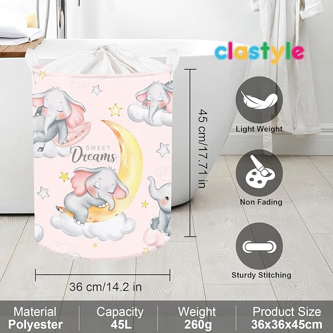 Clastyle Sleeping Elephant Kid Laundry Basket Pink Baby Girls Clothes Hamper for Nursery Collapsible Star Moon Towel Toy Stor