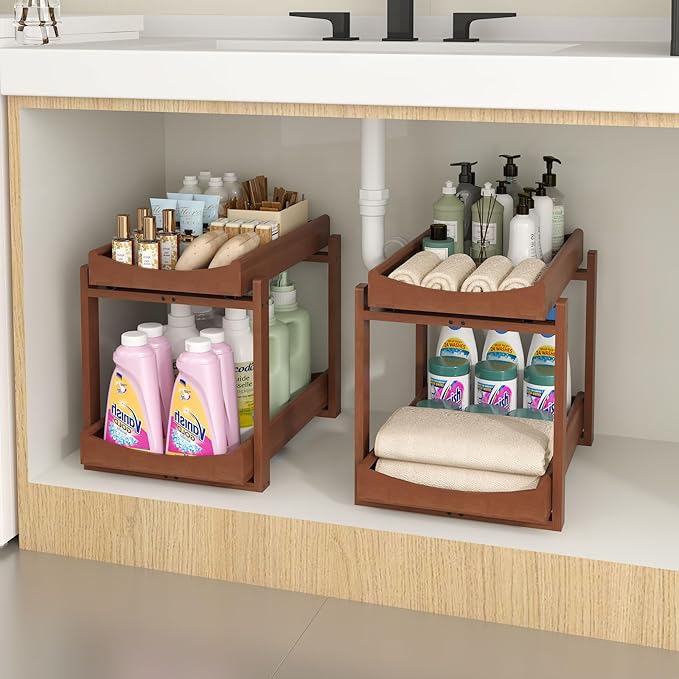 Bamboo Under Sink Organizer and Storage, 2 Pack Pull Out Cabinet Organization, 2 Tier Vertical Slide Out Undersink Storage Sh