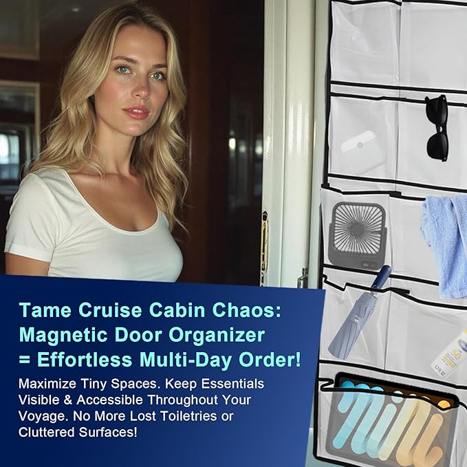 Magnetic Cruise Door Organizer – 13-Pocket Hanging Storage with 2 Large Shoe Pockets, No Hook Needed, Includes 3 Bonus Hooks,
