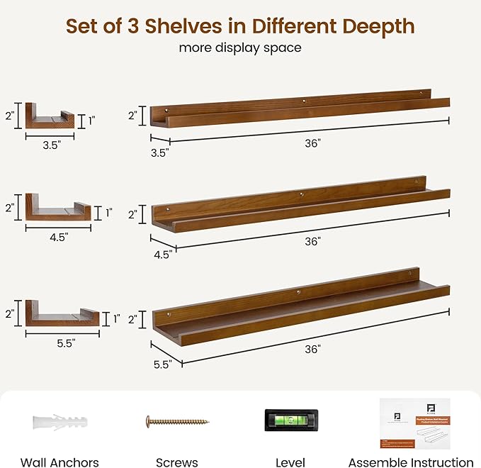 Picture Ledge Wall Shelves 36 inches Width Set of 3, Solid Pine Wood Rustic Floating Ledge Shelves for Wall for Kids' Room Be