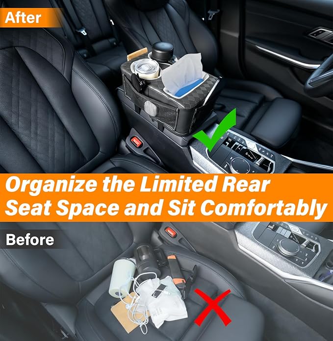 Center Console Cup Holder, Universal Car Armrest Storage Box with Bottle Holder & Tissue Slot & Side Pockets, Car Back Seat T