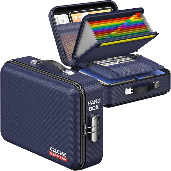 COLCASE Fireproof File Box, Hard Case Fireproof Document Organizer with Lock Hard-Shell Design Fireproof Water Resistant Safe