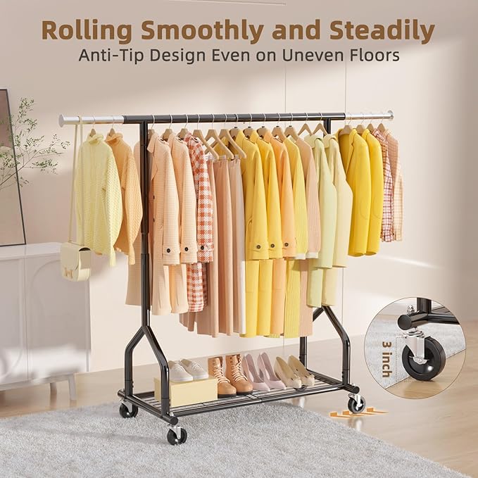 EAGMAK Heavy Duty Clothes Rack Load 424 LBS, Rolling Clothing Rack With Shelves, Adjustable Metal Clothes Hanger with Wheels,