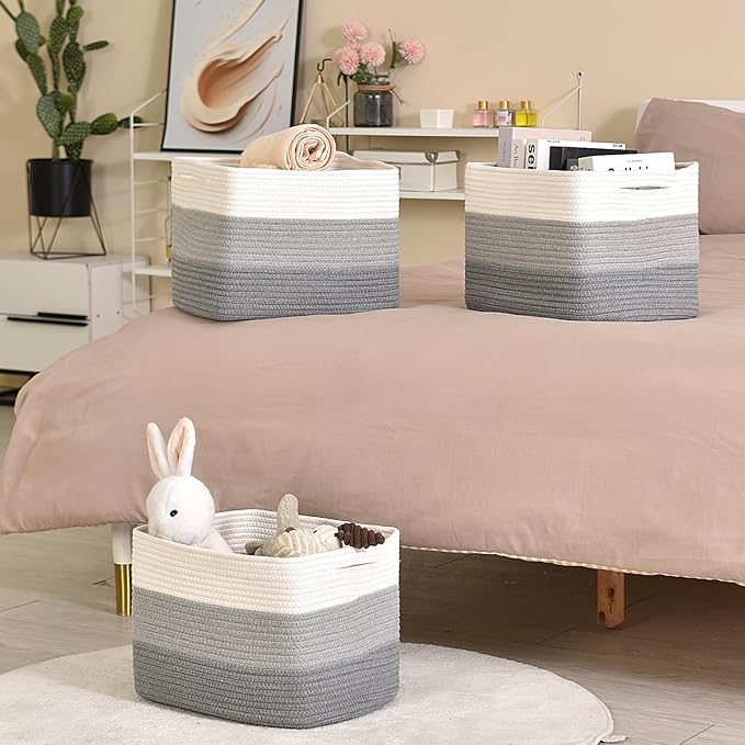 ICERZCZ Storage Baskets for Organizing Shelves, Woven Cotton Rope Baskets for Storage Books Towels Toys, Organizing Baskets, 