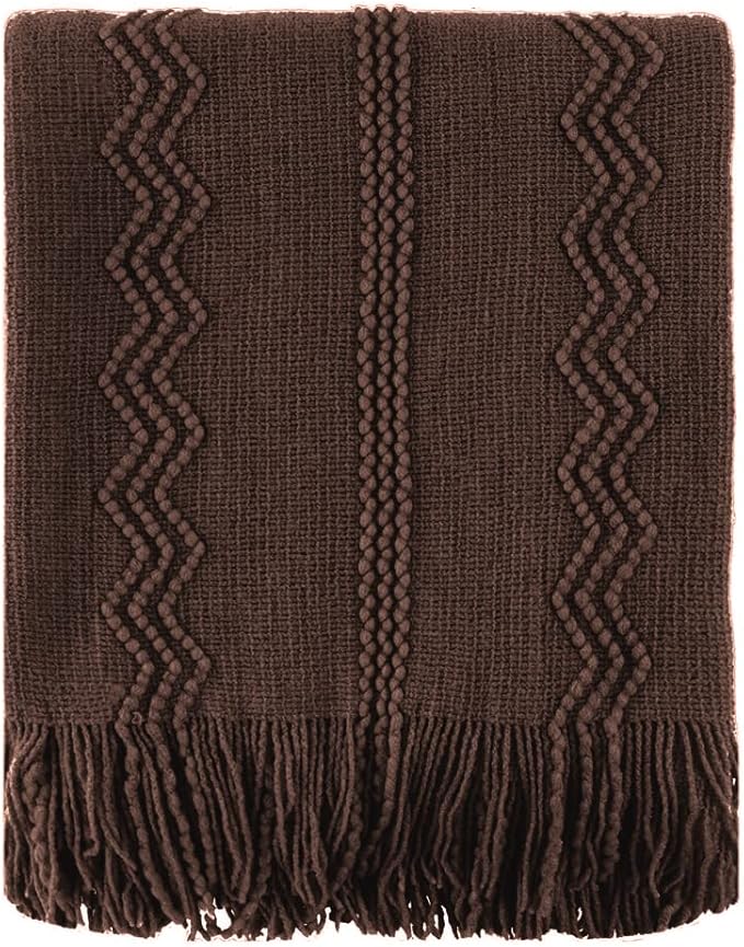 BATTILO HOME Brown Throw Blanket for Couch, Chocolate Knit Decorative Boho Throw for Home, Bed, 50"x60"
