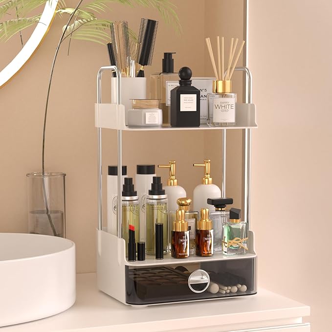 Bathroom Counter Organizer, 2 Tiered Organizer Countertop with Drawer, Makeup and Skincare Storage for Vanity, Desktop, Bathr
