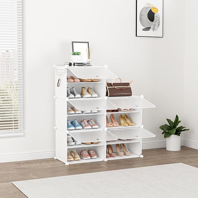 Shoe Rack 10 Tier Shoe Storage Cabinet with Door 20 Pair Tall Shoes Rack Organizer Free Standing Expandable Stable Plastic Ea