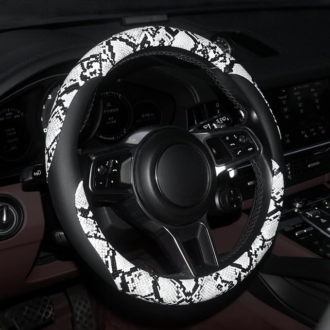 ZHOL Snake Skin Steering Wheel Cover Leather 14.5-15 Inch, Reversible Car Steering Wheel Cover for Women Men, Anti-Slip Desig