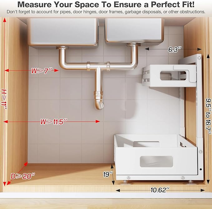 2 Pack 19IN-Depth Under Sink Organizer,Pull Out Cabinet Organizer With Smooth Cylindrical Rail,Metal Slide Out Drawer for Kit
