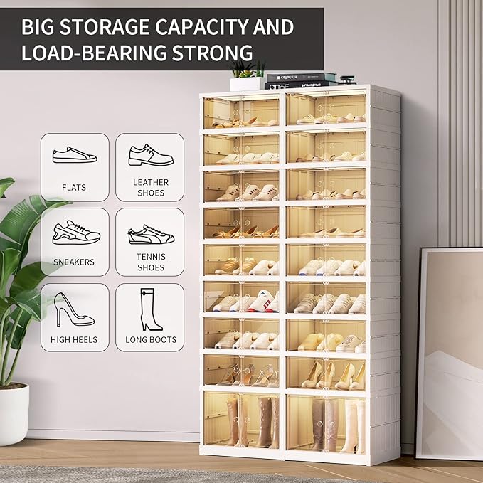 CIMLORD 9-Tier Foldable Shoe Rack Organizer for Closet,36Pairs Collapsible Plastic Shoe Shelf,Large Shoes Cabinet with Door,C