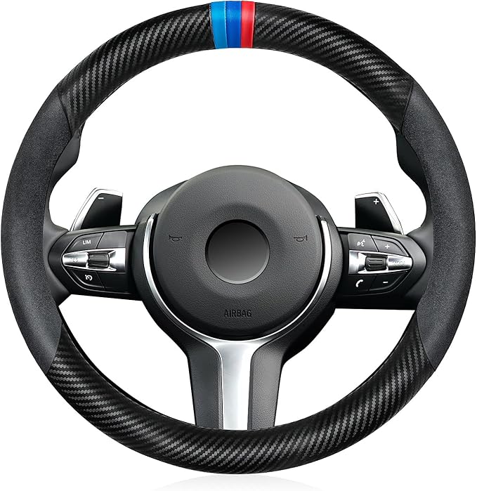Carbon Fiber Steering Wheel Cover, Non-Slip and Sweat Absorbent, 15" Steering Wheel Covers for X5 X3 Men Women, Black (Black Suede ///)