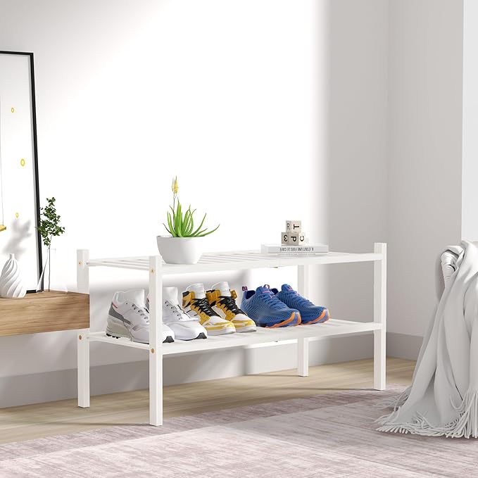 ROMGUAR CRAFT 2 Tier Bamboo Shoe Rack for Closet Free Standing Wood Shoe Shelf for Entryway Small Space Stackable 27"x11"x13"