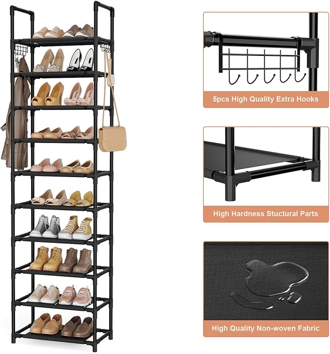 LANTEFUL 10 Tiers Shoe Rack 25 Pairs Large Capacity Tall Shoe Organizer Sturdy Shoe Storage with Two Hooks Space Saving Metal