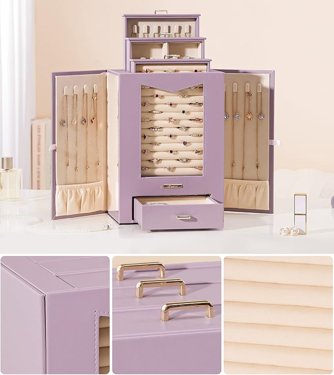 Homde Jewelry Organizer with Transparent Window Necklace Hooks Gift for Women Jewelry Box Display Case for Necklaces Rings Ea