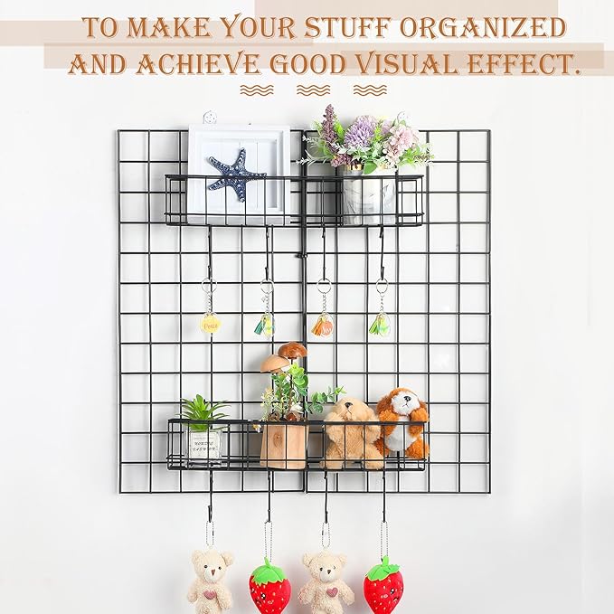 Black 4 Pack Grid Wall Hanging Baskets with 16 S Hooks, 15.8 x 3.9 x 3.2 Inch Metal Wire Wall Mount Storage Baskets for Grid 