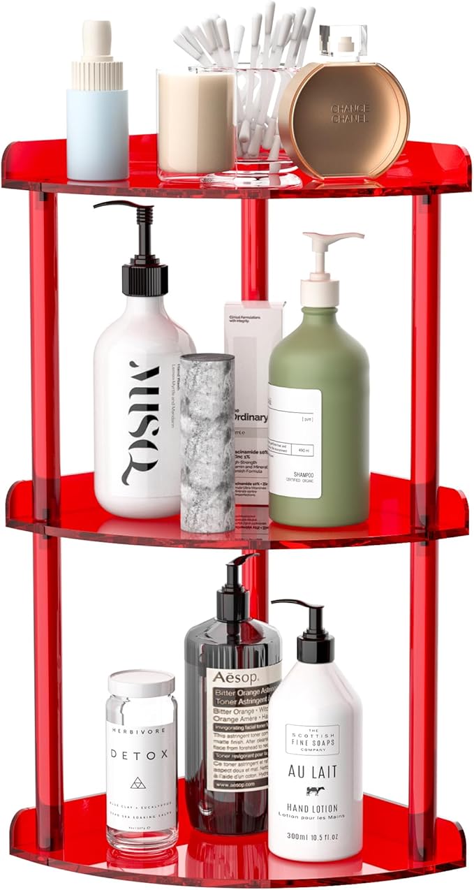 Sezanrpt 3 Tier Countertop Corner Organizer Shelf 7x7x15.7 Inch, Red Countertop Acrylic Bathroom Corner Shelf, Vanity Storage