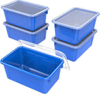 Storex Small Cubby Bins – Plastic Storage Containers for Classroom with Non-Snap Lid, 12.2 x 7.8 x 5.1 inches, Blue,(62408U05