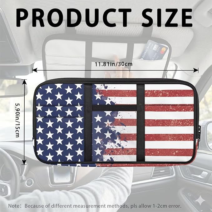 American Flag Car Sun Visor Organizer,Multi-Pocket Visor Organizer Storage Pouch with Double Zippers Document Holder for Insurance, Pen, Chapstick