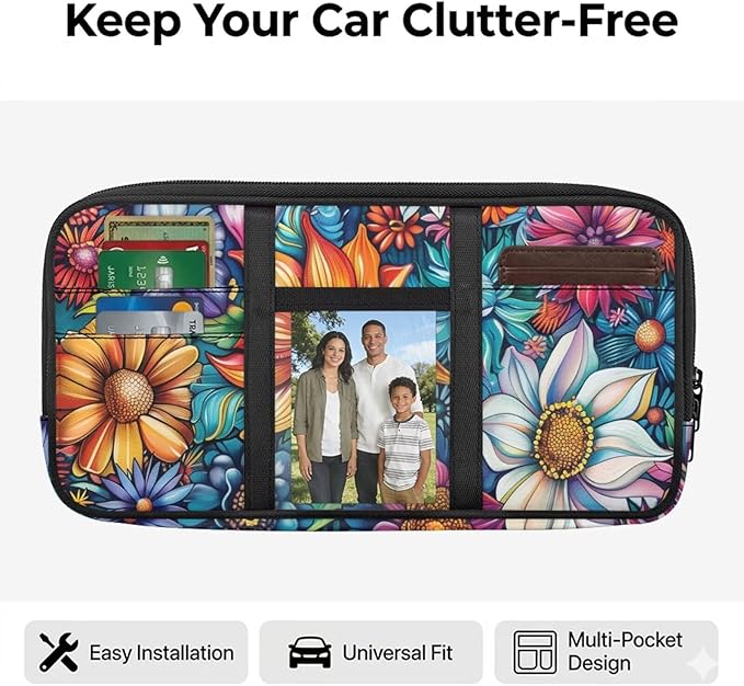Tropical Flower Car Visor Organizer for Women Multi-Pocket Auto Visor Organizer Universal Fit for Car, SUV and Truck, Card Holder Adjustable Velcro Strap Cars Storage Pouch Washable