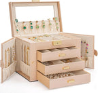 AKOZLIN Large 4-Tier Jewelry Box Leather Jewelry Storage Organizer with 3 Drawers Lockable for Women Girls Ring Necklace Earr