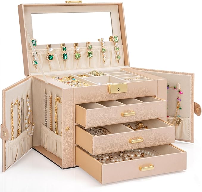 AKOZLIN Large 4-Tier Jewelry Box Leather Jewelry Storage Organizer with 3 Drawers Lockable for Women Girls Ring Necklace Earr