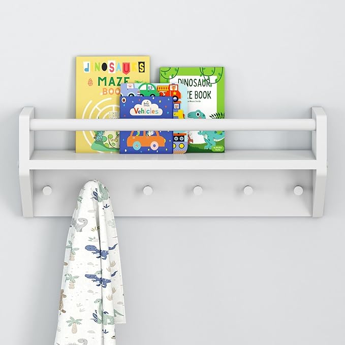 Max & Lily Wall Shelf with Pegs, 24 Inch Floating Bookshelf for Kids Room, Solid Wood Wall-Mounted Storage Shelf with Hooks f