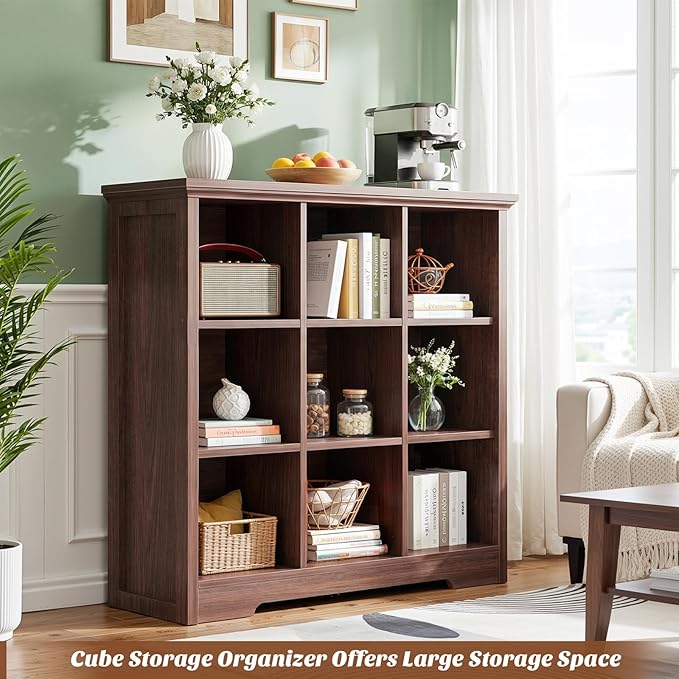 Aheaplus Wooden 9-Cube Storage Organizer with Charging Ports, Modern Cube Bookcase with Base, 4-Tier Floor Standing Open Cubb